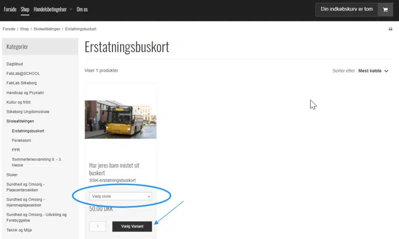Skærmprint fra Silkeborg Kommune Webshop, der viser hvordan man vælger variant